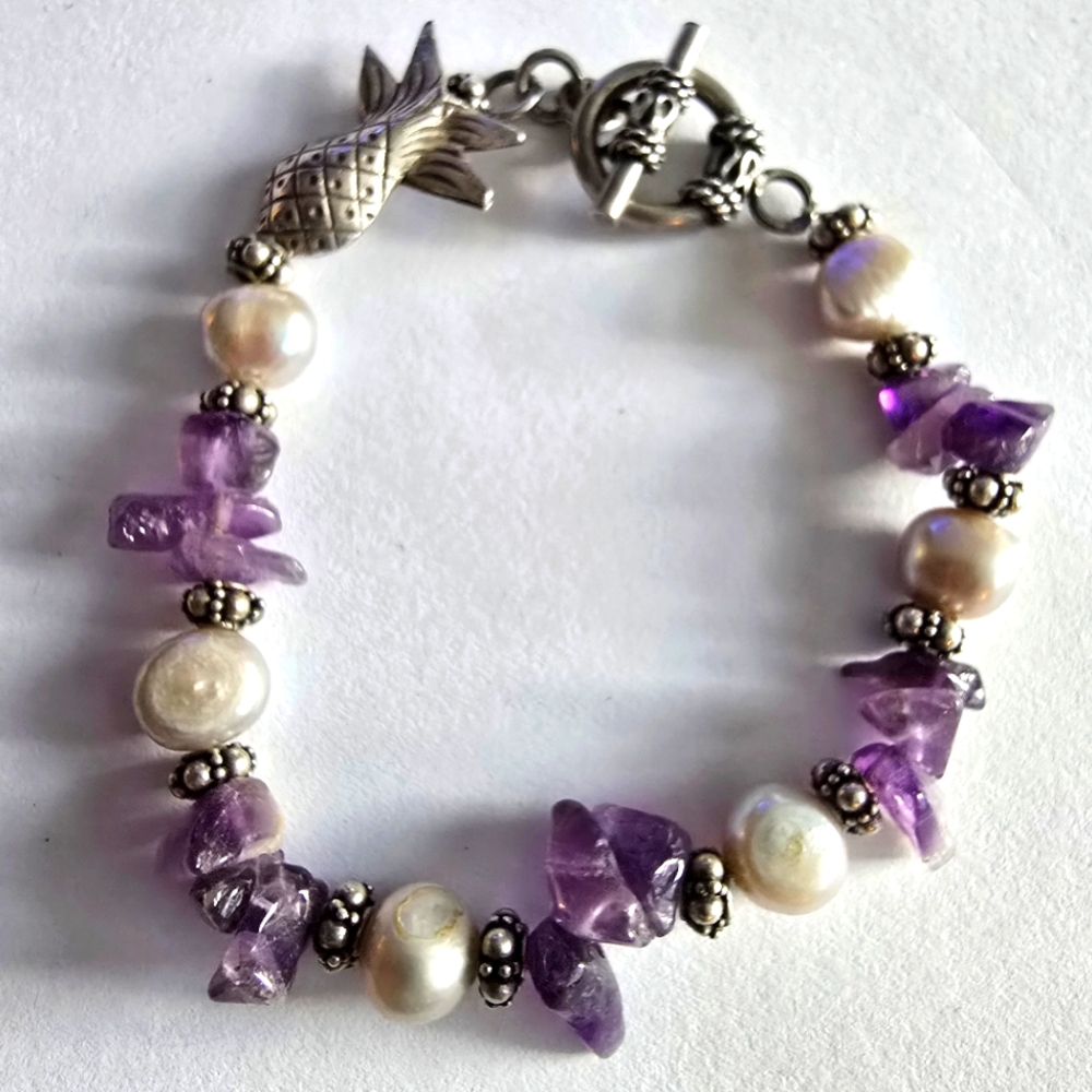Pineapple bracelet beaded amethyst real white pearls handmade silver tone